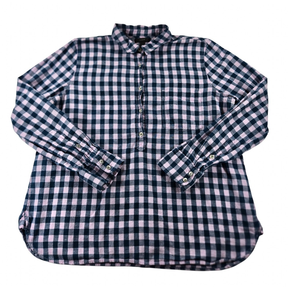 J.Crew Womens 14 Navy Pink Gingham Cotton Popover Shirt Long Sleeve